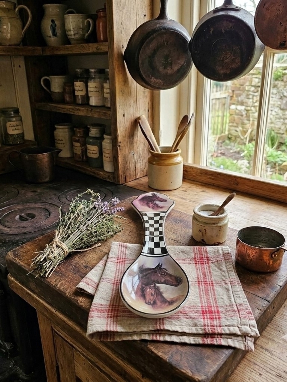 Decorative Checkered Horse Ceramic Spoon Rest in Brown and Cream